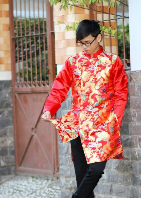 Áo dài cách tân nam gấm rồng đỏ