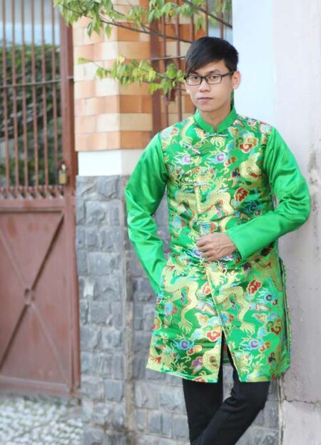 Áo dài cách tân nam gấm rồng xanh lá