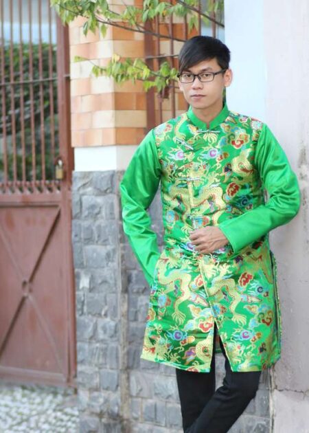 Áo dài cách tân nam gấm rồng xanh lá