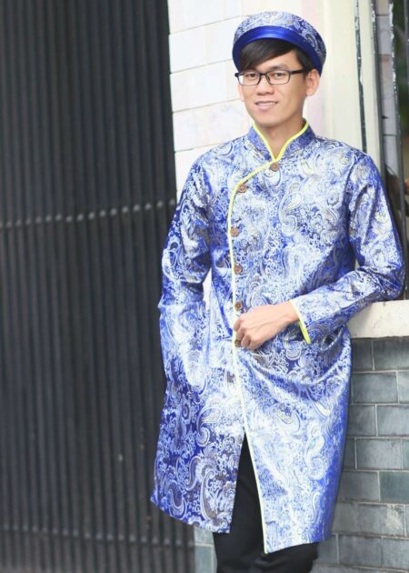 Áo dài cách tân nam gấm sò xanh dương
