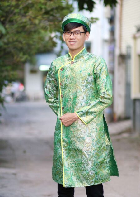 Áo dài cách tân nam gấm sò xanh lá