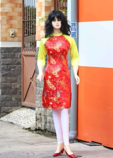 Áo dài cách tân nữ gấm đỏ phối tay vàng