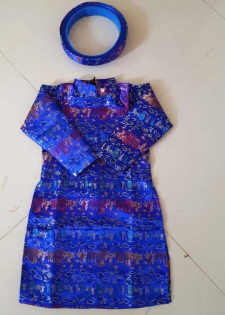 Áo dài nam gấm đám cưới chuột trẻ em màu xanh dương