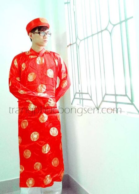 Áo dài nam gấm đòng tiền màu đỏ