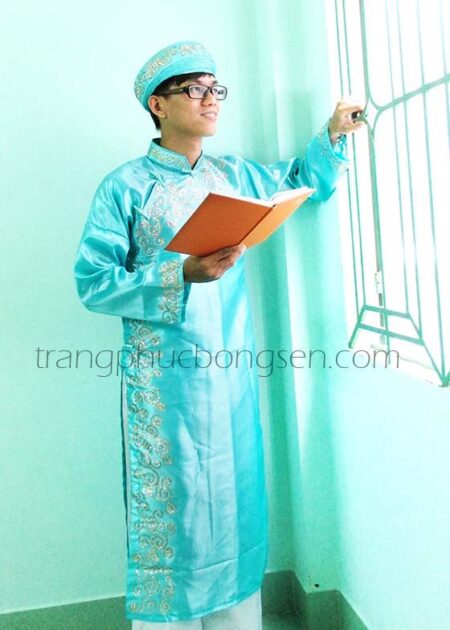 Áo dài nam vẽ kim tuyến màu xanh ngọc