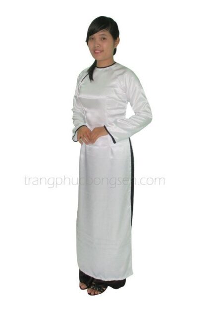 Áo dài phi bóng màu trắng viền đen