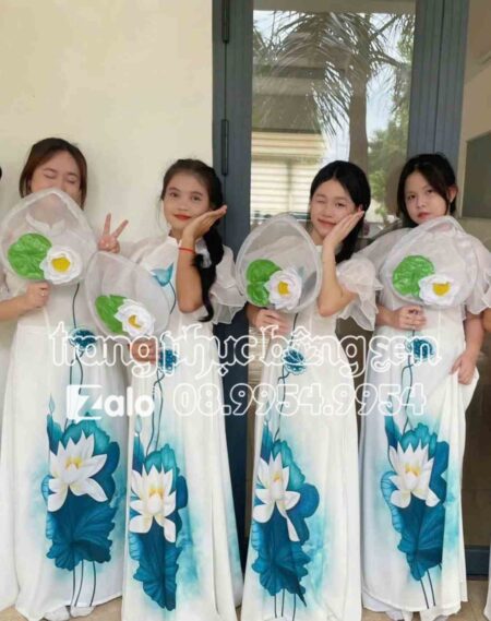 Áo dài sen xanh ngọc tay phồng 2 lớp