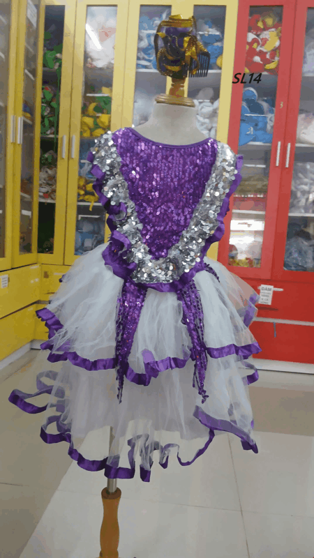 Áo váy kim sa trẻ em màu tím bèo cổ chữ V