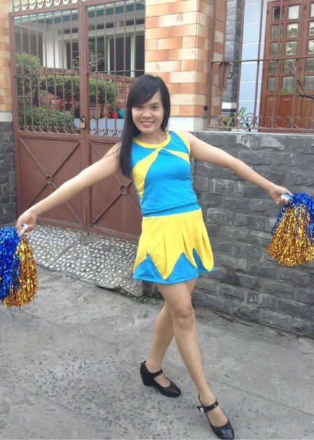 Áo váy múa cổ động xanh da trời phối vàng