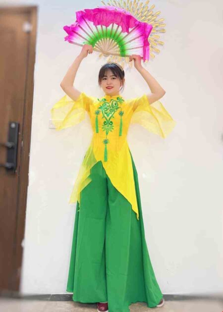 Áo váy múa đương đại tà xéo vàng xanh lá