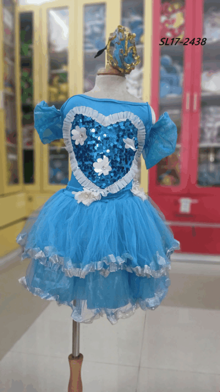 Áo váy múa trẻ em kim sa xanh dương ngực tim váy 3 tầng