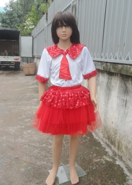 Áo váy múa trẻ em thun trắng kim sa đỏ cổ bèo