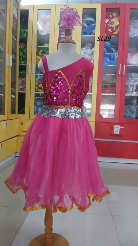 Đầm múa mầm non kim sa hồng ngực sen chéo vai