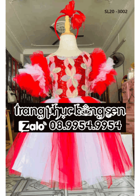 Đầm  múa trẻ em đỏ trắng ngực bông hoa -đầm bồng
