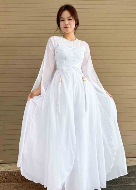 Đầm váy múa hát trắng tinh khôi tay cánh tiên, cổ trụ (size ngắn)