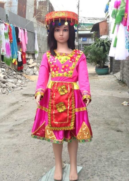 Dân tộc Mèo mầm non phi thun hồng cổ chữ V dán hoa