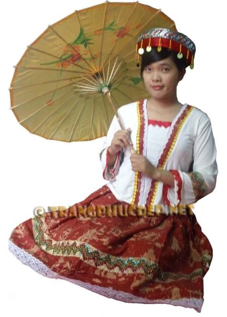 Đồ dân tộc Mèo váy họa tiết dân tộc phối thổ cẩm màu nâu đỏ