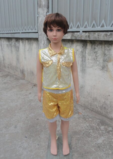 Đồ múa hiện đại mầm non quần áo kim sa trắng vàng cổ gắn cà vạt