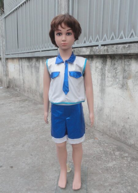 Đồ múa hiện đại mầm non quần áo thun da trắng xanh bích cổ gắn cà vạt