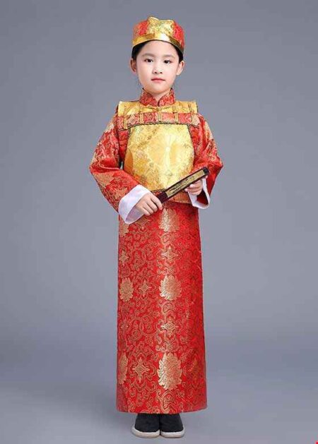 Sườn xám nam mầm non gấm đỏ - vàng