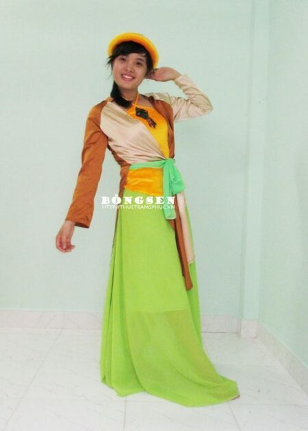 Tứ thân vải phi bóng màu nâu - bạc