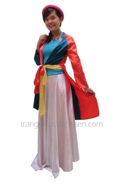 Tứ thân vải phi bóng màu xanh - cam