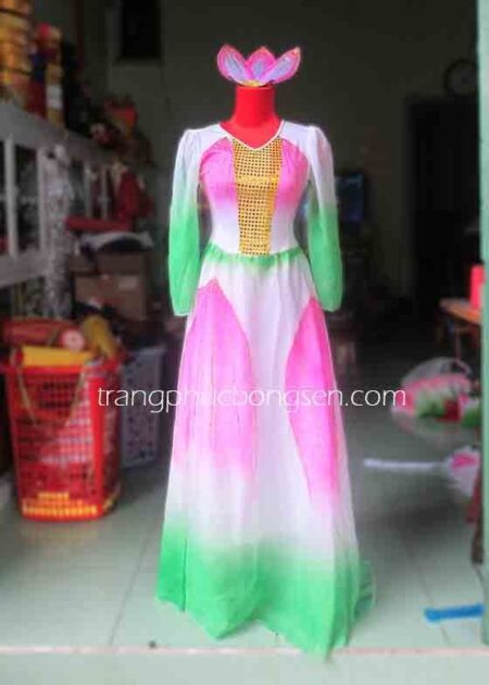 Váy múa sen cổ thuyền phối kim sa tay dài